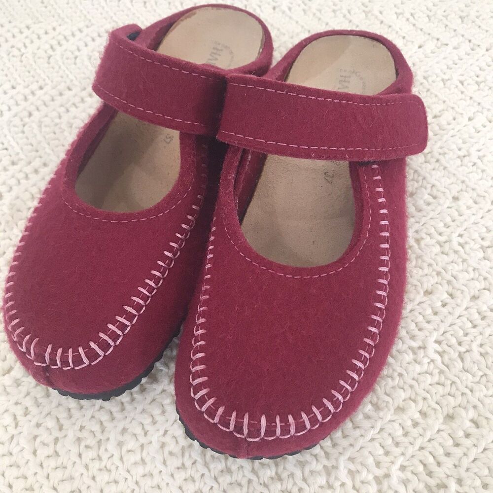Haflinger Womens Size 37 Boiled Wool Mary Jane Clog Slippers Red Outdoor Strap